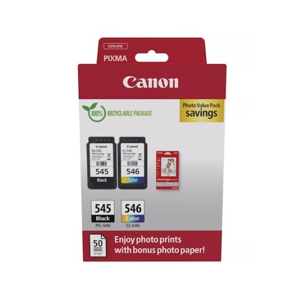 Pack Original Canon Pg545 + Cl546 + 50 Hojas De Papel Foto - 8287b008 Pack Original Canon Pg545 + Cl546 + 50 Hojas De Papel Foto - 8287b008