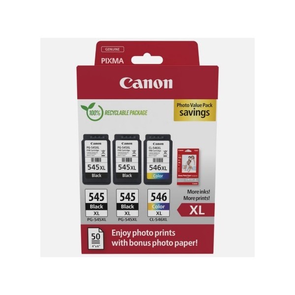 Pack Original Canon 2 Uds. Pg545xl + 1 Ud. Cl546xl + 50 Hojas De Papel Foto - 8286b015 Pack Original Canon 2 Uds. Pg545xl + 1 Ud. Cl546xl + 50 Hojas De Papel Foto - 8286b015
